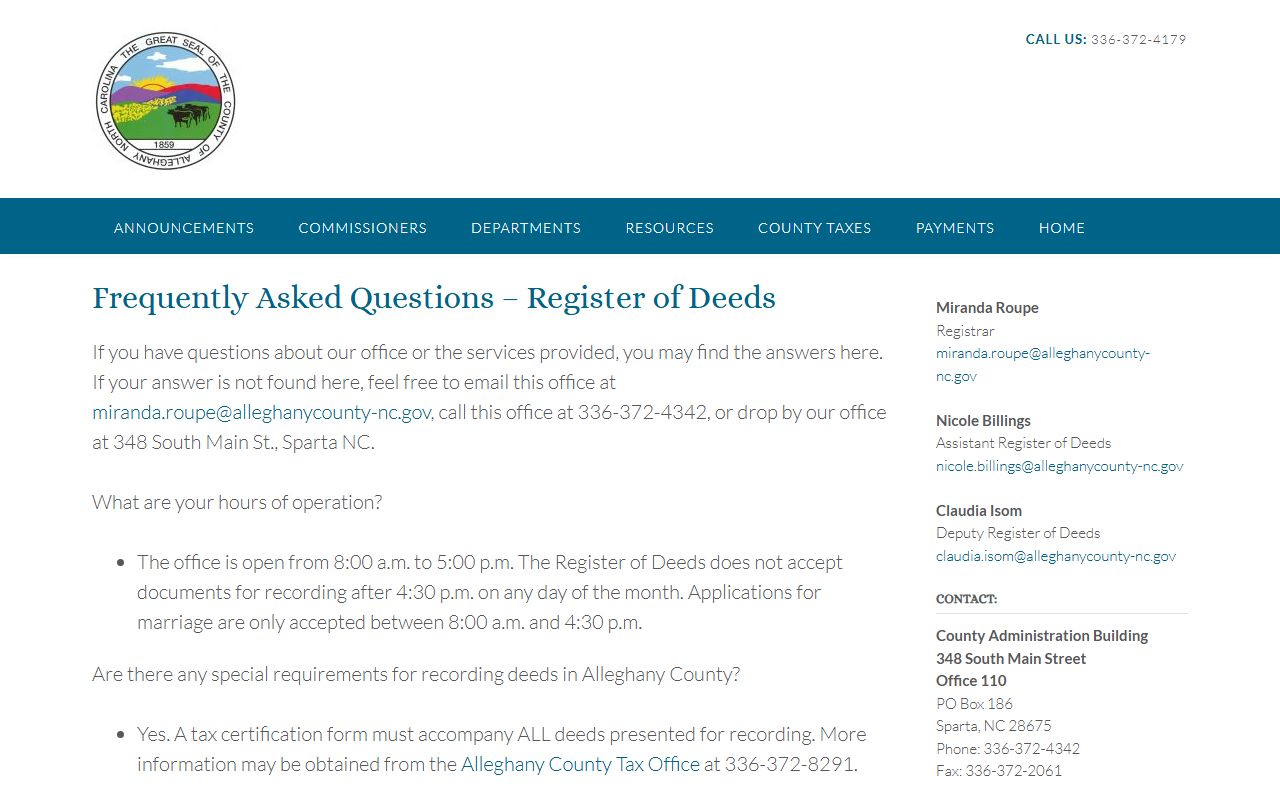 Alleghany County ROD FAQ page for property records questions