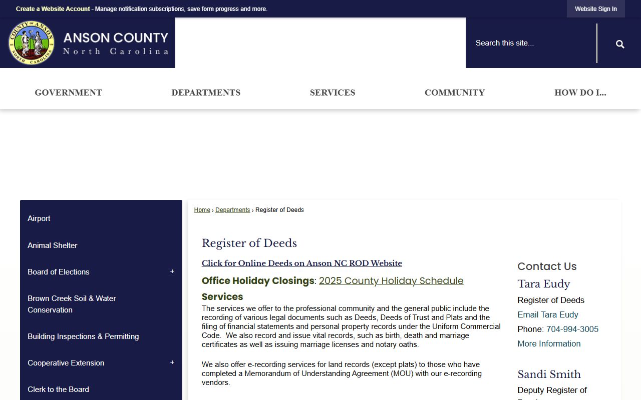 Anson County Register of Deeds property records page
