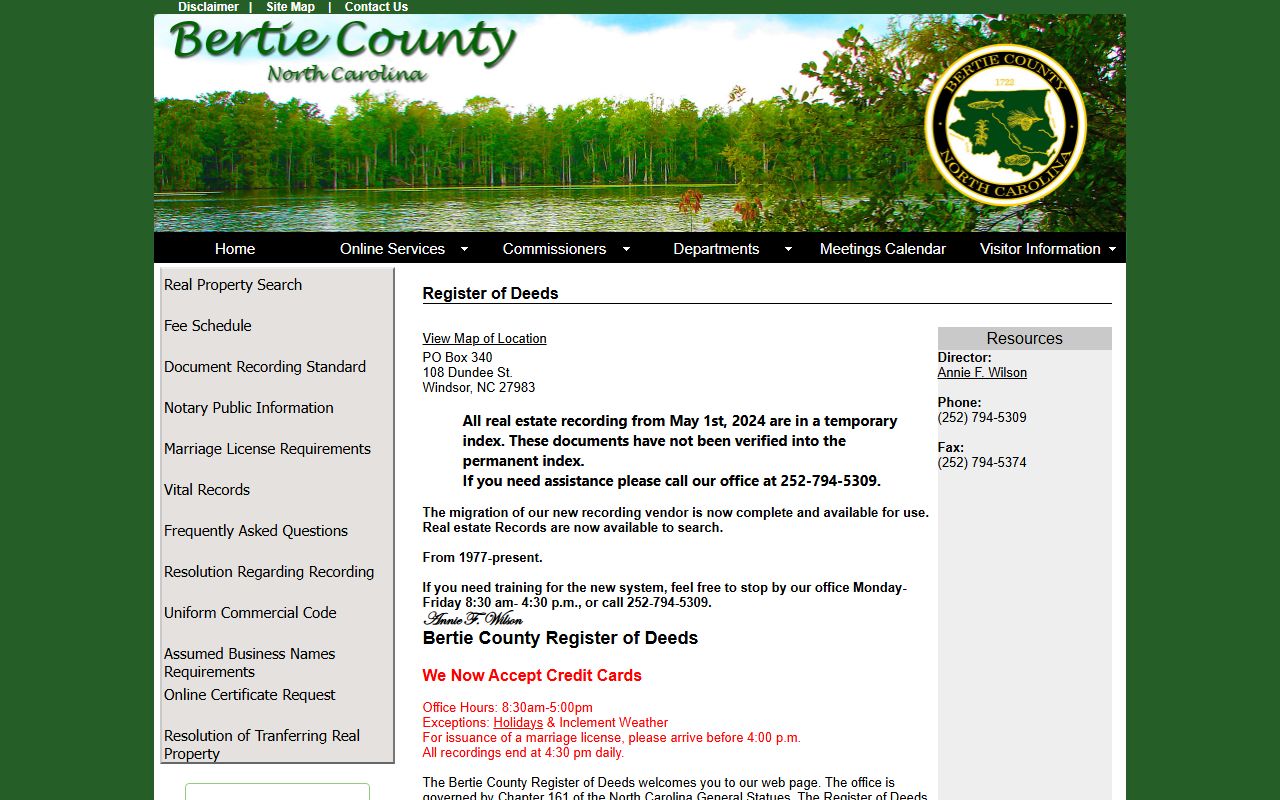 Bertie County Register of Deeds property records page
