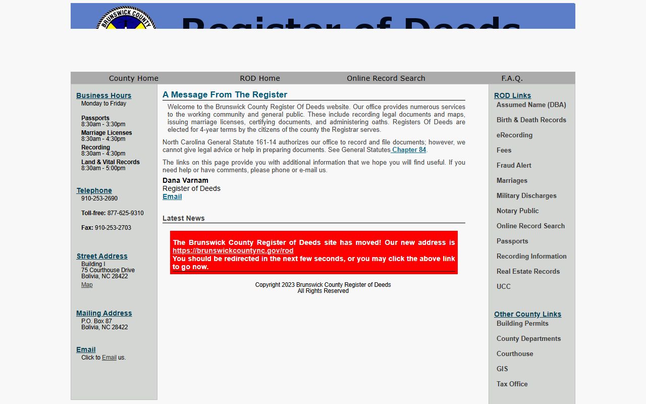 Brunswick County Register of Deeds property records website