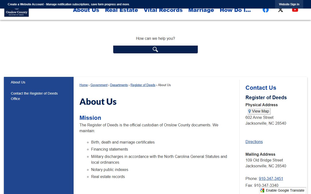 Onslow County Register of Deeds office serving Jacksonville property records