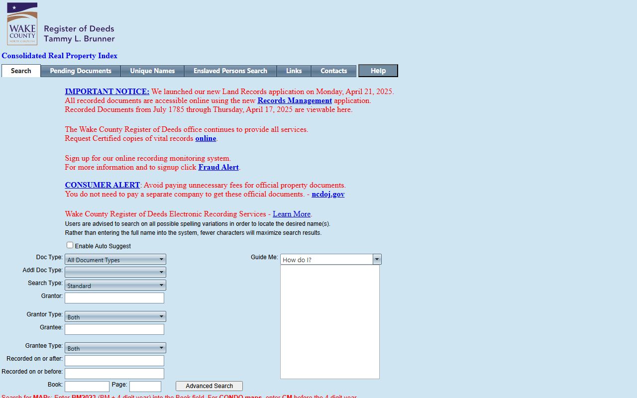 Wake County BooksWeb online property records search system