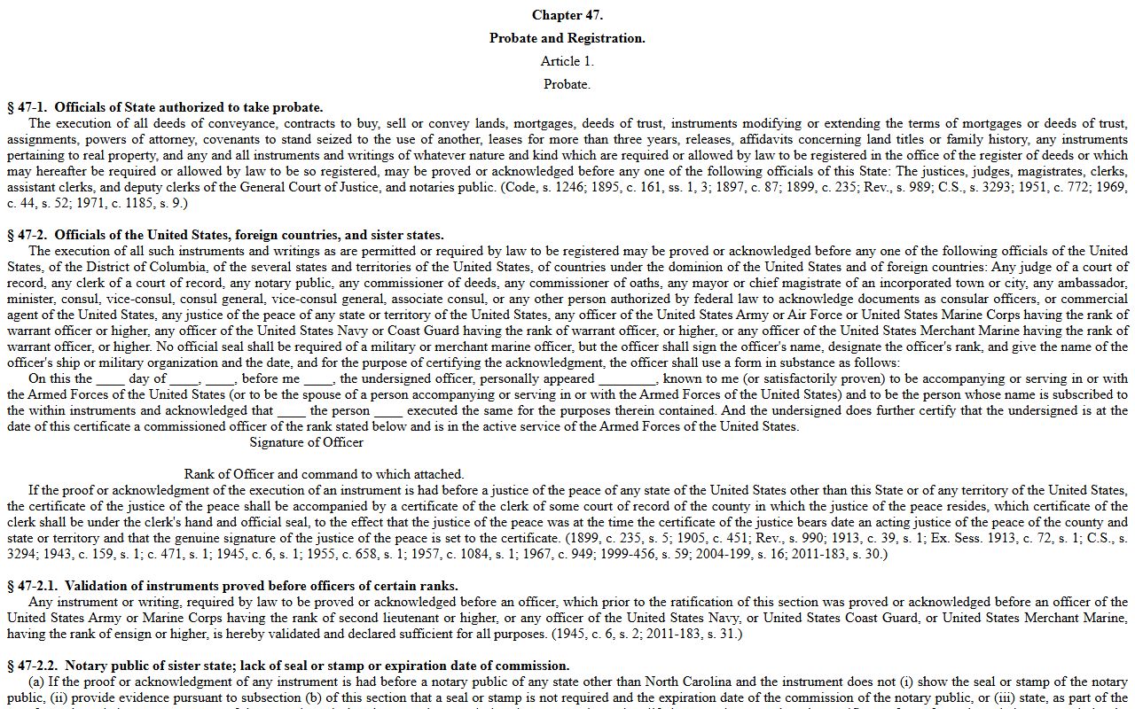 North Carolina Chapter 47 statutes for property records recording